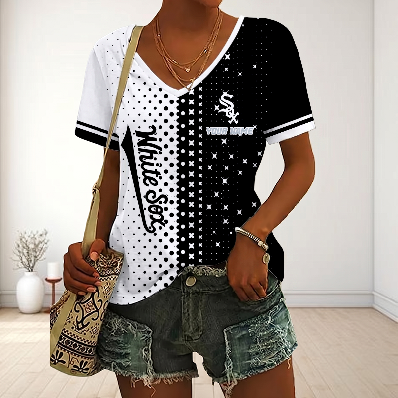 LIMITED EDITION - NEW CUSTOMIZED MLB26 CWS CHICAGO WHITE SOX V-NECK FEMALE SHIRT