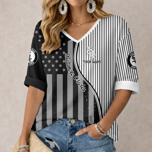 LIMITED EDITION - NEW CUSTOMIZED MLB26 CWS CHICAGO WHITE SOX WOMEN'S HEART V-NECK LONG SLEEVE SHIRT