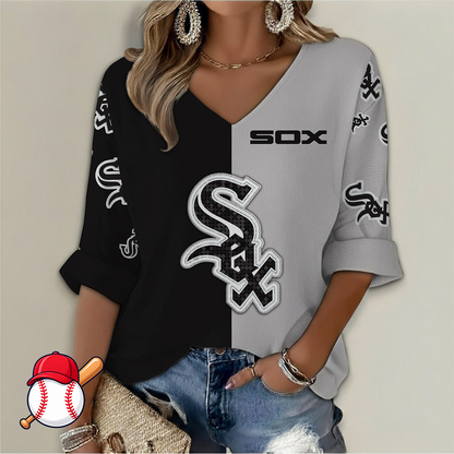 FINAL SALE - NEW CUSTOMIZED MLB26 CWS CHICAGO WHITE SOX WOMEN'S  V-NECK LONG SLEEVE SHIRT