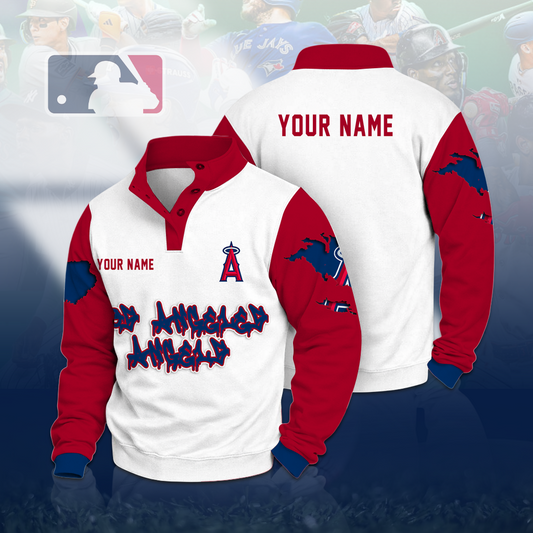 LIMITED EDITION - NEW CUSTOMIZED MLB27 LAA LOS ANGELES ANGELS BUTTON QUARTER PLACKET SWEATSHIRT