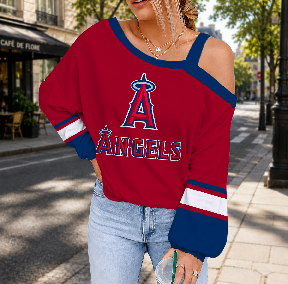 FINAL SALE - NEW CUSTOMIZED MLB27 LAA LOS ANGELES ANGELS DROP SHOULDER SWEATSHIRT