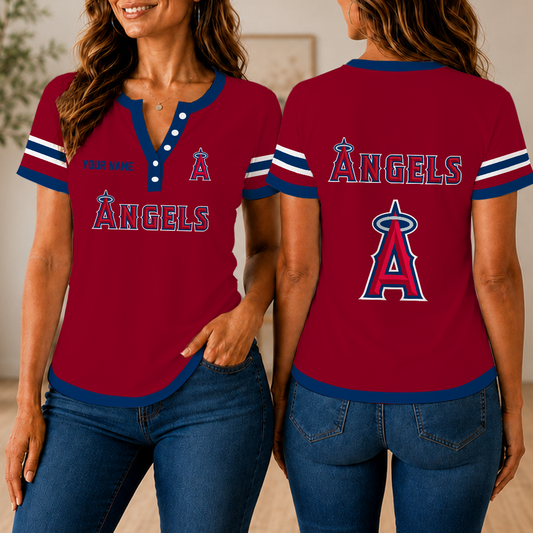 VIRAL EDITION - NEW CUSTOMIZED MLB27 LAA LOS ANGELES ANGELS WOMEN'S SHORT SLEEVE HENLEY T-SHIRT
