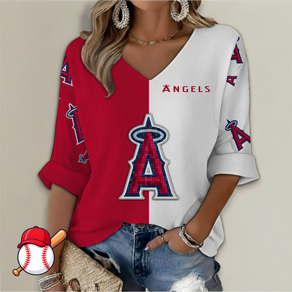 FINAL SALE - NEW CUSTOMIZED MLB27 LAA LOS ANGELES ANGELS WOMEN'S  V-NECK LONG SLEEVE SHIRT