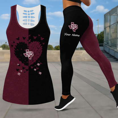 SPECIAL EDITION - NEW CUSTOMIZED NCAA CWS27 TAA TEXAS A&M AGGIES LEGGINGS & HOLLOW TANK TOP SET