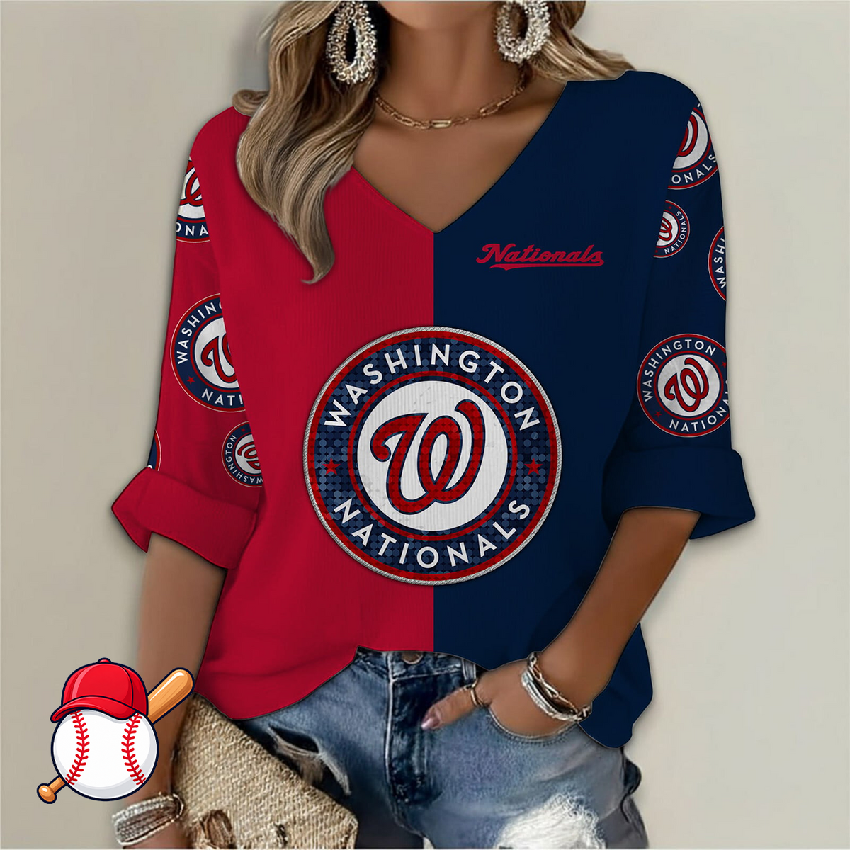 FINAL SALE - NEW CUSTOMIZED MLB28 WNS WASHINGTON NATIONALS WOMEN'S  V-NECK LONG SLEEVE SHIRT