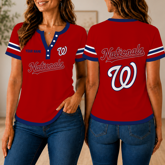 VIRAL EDITION - NEW CUSTOMIZED MLB28 WNS WASHINGTON NATIONALS WOMEN'S SHORT SLEEVE HENLEY T-SHIRT