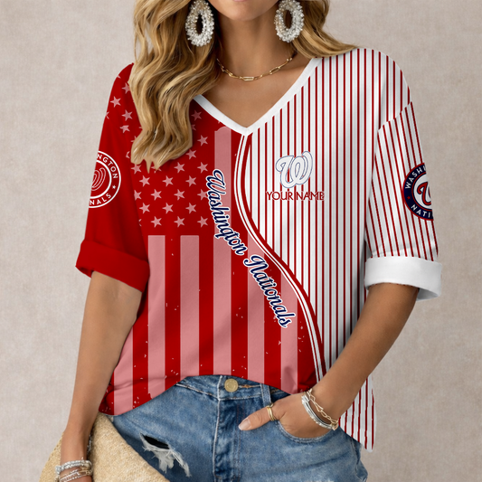 LIMITED EDITION - NEW CUSTOMIZED MLB28 WNS WASHINGTON NATIONALS WOMEN'S HEART V-NECK LONG SLEEVE SHIRT