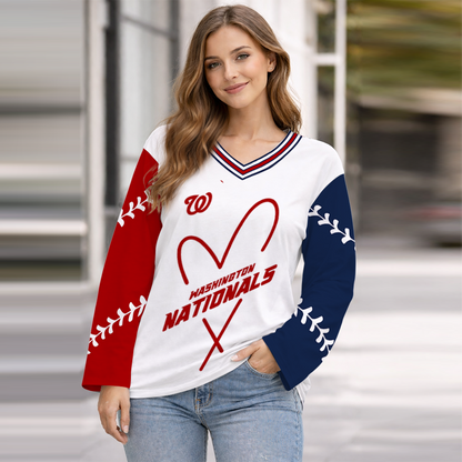 LIMITED EDITION - NEW CUSTOMIZED MLB28 WNS WASHINGTON NATIONALS WOMEN'S HEART V-NECK LONG SLEEVE SHIRT