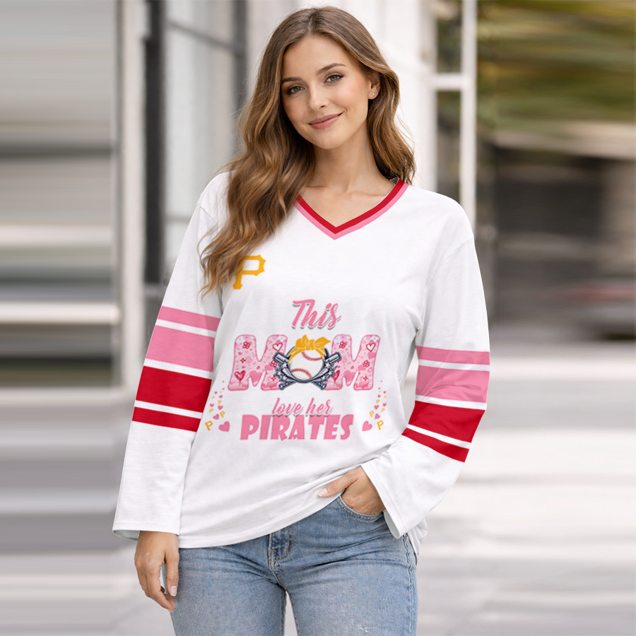 FINAL SALE - NEW CUSTOMIZED MLB29 PHP PITTSBURGH PIRATES WOMEN'S HEART V-NECK LONG SLEEVE SHIRT