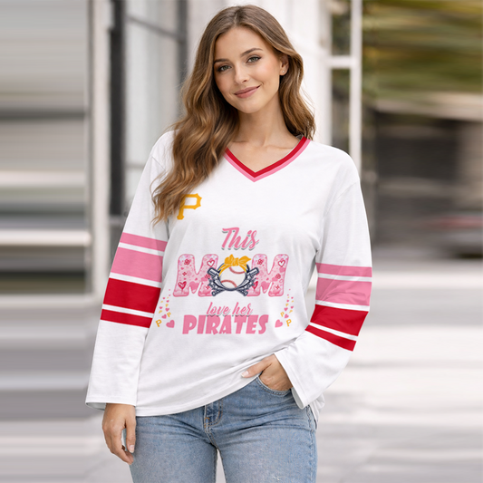 FINAL SALE - NEW CUSTOMIZED MLB29 PHP PITTSBURGH PIRATES WOMEN'S HEART V-NECK LONG SLEEVE SHIRT