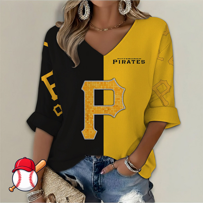 FINAL SALE - NEW CUSTOMIZED MLB29 PHP PITTSBURGH PIRATES WOMEN'S V-NECK LONG SLEEVE SHIRT