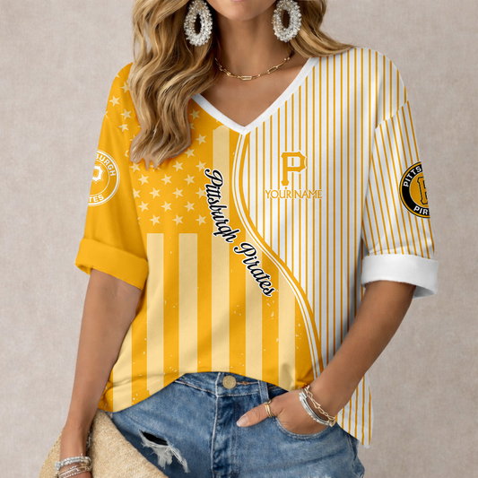 LIMITED EDITION - NEW CUSTOMIZED MLB29 PHP PITTSBURGH PIRATES WOMEN'S HEART V-NECK LONG SLEEVE SHIRT
