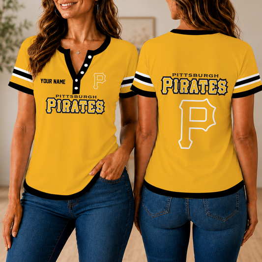 VIRAL EDITION - NEW CUSTOMIZED MLB29 PHP PITTSBURGH PIRATES WOMEN'S SHORT SLEEVE HENLEY T-SHIRT