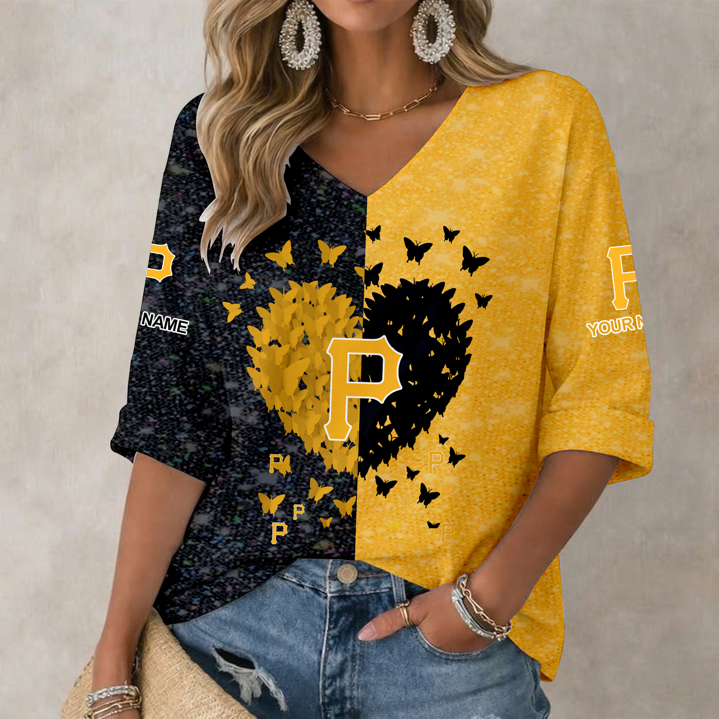 LIMITED EDITION - NEW CUSTOMIZED MLB29 PHP PITTSBURGH PIRATES WOMEN'S HEART V-NECK LONG SLEEVE SHIRT