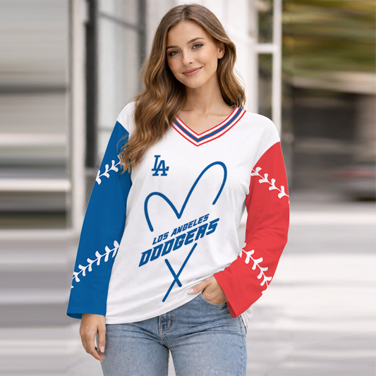 LIMITED EDITION - NEW CUSTOMIZED MLB02 LAD LOS ANGELES DODGERS WOMEN'S HEART V-NECK LONG SLEEVE SHIRT
