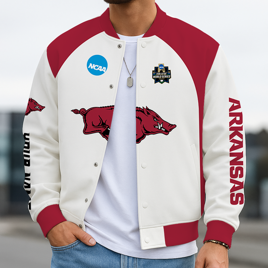 LIMITED EDITION - NEW CUSTOMIZED NCAA CWS03 AKR ARKANSAS RAZORBACKS BASEBALL JACKET, SATIN VARSITY JACKET