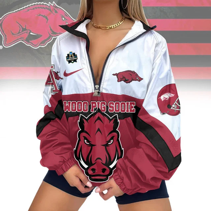 LIMITED EDITION - NEW CUSTOMIZED NCAA COLLEGE WORLD SERIES 03 ARKANSAS RAZORBACKS V-NECK ZIPPER SWEATSHIRT JACKET