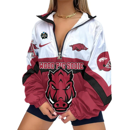 LIMITED EDITION - NEW CUSTOMIZED NCAA COLLEGE WORLD SERIES 03 ARKANSAS RAZORBACKS V-NECK ZIPPER SWEATSHIRT JACKET