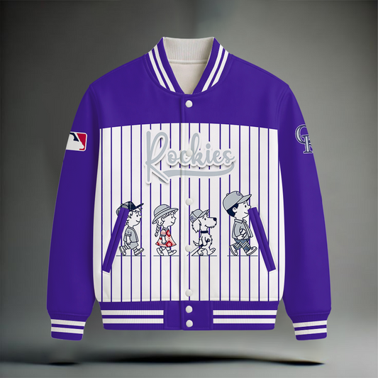 HOT DEAL - NEW CUSTOMIZED MLB30 COR COLORADO ROCKIES SNOOPY STYLE SATIN VARSITY & BASEBALL JACKET