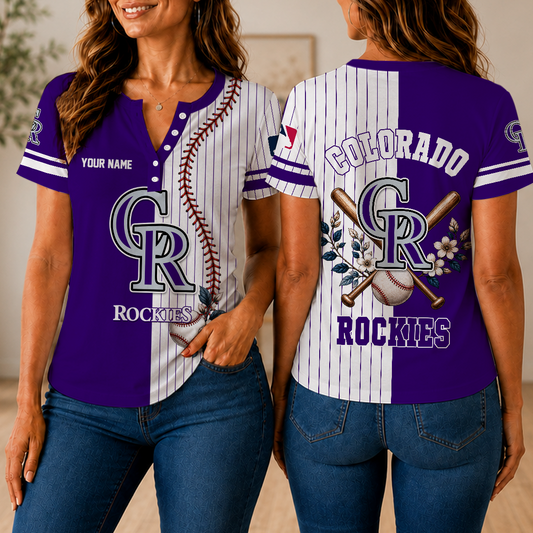 LIMITED EDITION - NEW CUSTOMIZED MLB30 COR COLORADO ROCKIES WOMEN'S SHORT SLEEVE HENLEY T-SHIRT