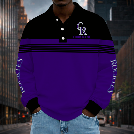 VIRAL EDITION - NEW CUSTOMIZED MLB30 COR COLORADO ROCKIES MEN'S LONG SLEEVE POLO