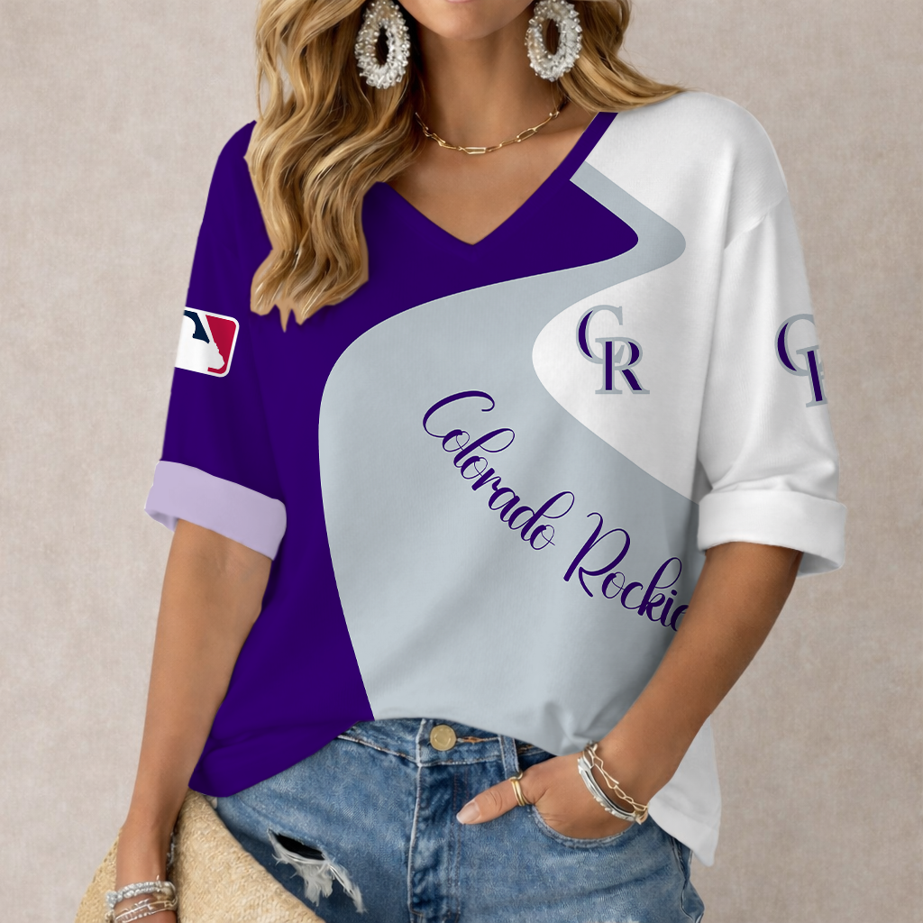 FINAL SALE - NEW CUSTOMIZED MLB30 COR COLORADO ROCKIES WOMEN'S V-NECK LONG SLEEVE SHIRT