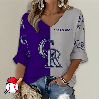 FINAL SALE - NEW CUSTOMIZED MLB30 COR COLORADO ROCKIES WOMEN'S V-NECK LONG SLEEVE SHIRT