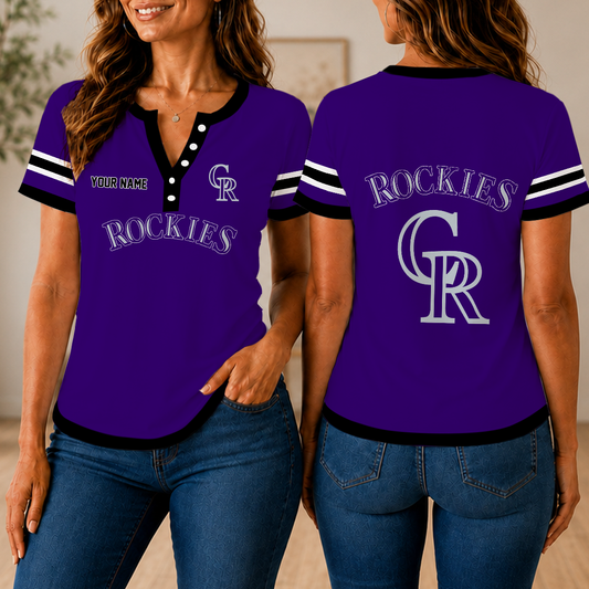 VIRAL EDITION - NEW CUSTOMIZED MLB30 COR COLORADO ROCKIES WOMEN'S SHORT SLEEVE HENLEY T-SHIRT