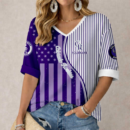 LIMITED EDITION - NEW CUSTOMIZED MLB30 COR COLORADO ROCKIES WOMEN'S HEART V-NECK LONG SLEEVE SHIRT