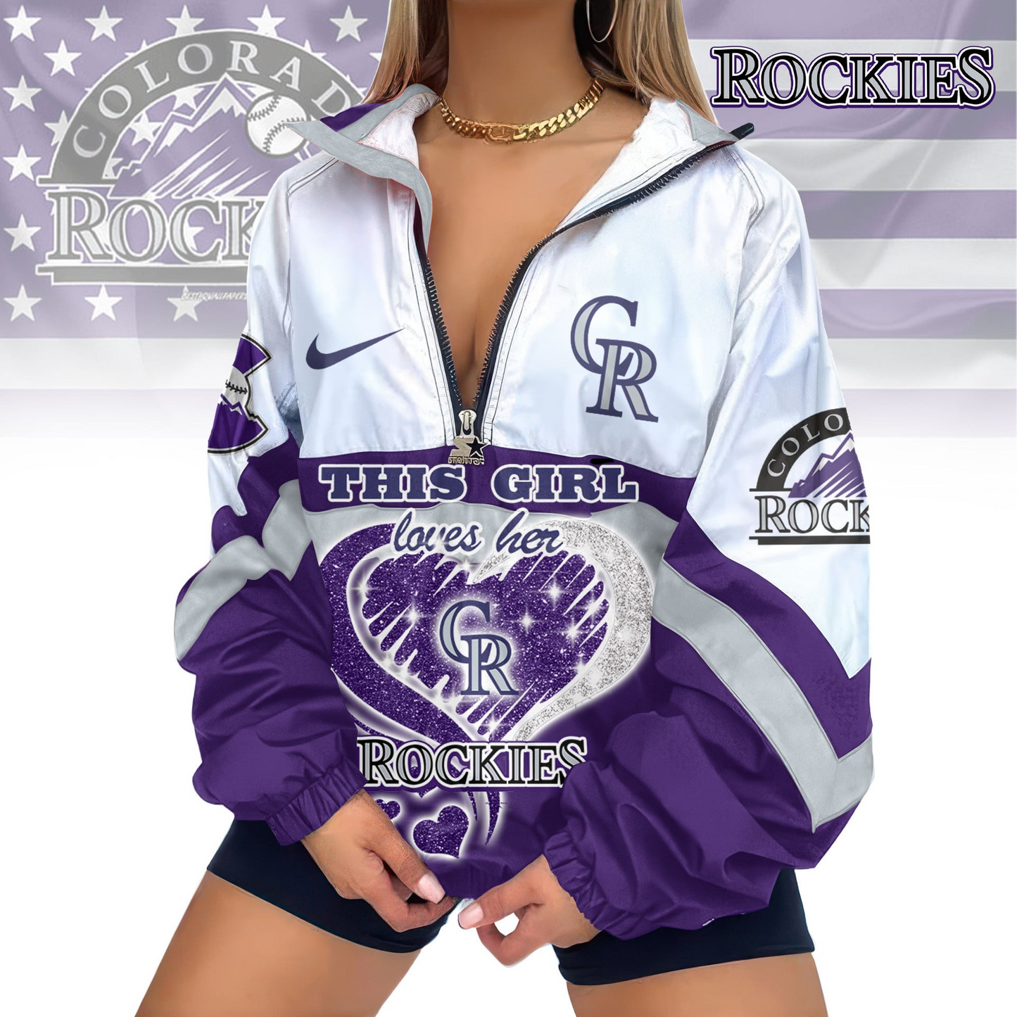 LIMITED EDITION - NEW CUSTOMIZED MLB30 COR COLORADO ROCKIES V-NECK ZIPPER JACKET