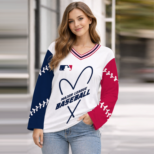 LIMITED EDITION - NEW CUSTOMIZED MLB31 MAJOR LEAGUE BASEBALL WOMEN'S HEART V-NECK LONG SLEEVE SHIRT