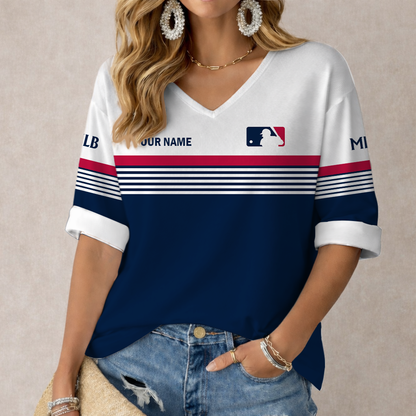 LIMITED EDITION - NEW CUSTOMIZED MLB31 MAJOR LEAGUE BASEBALL WOMEN'S HEART V-NECK LONG SLEEVE SHIRT