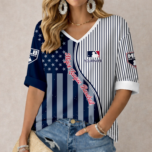 LIMITED EDITION - NEW CUSTOMIZED MLB31 MAJOR LEAGUE BASEBALL WOMEN'S HEART V-NECK LONG SLEEVE SHIRT