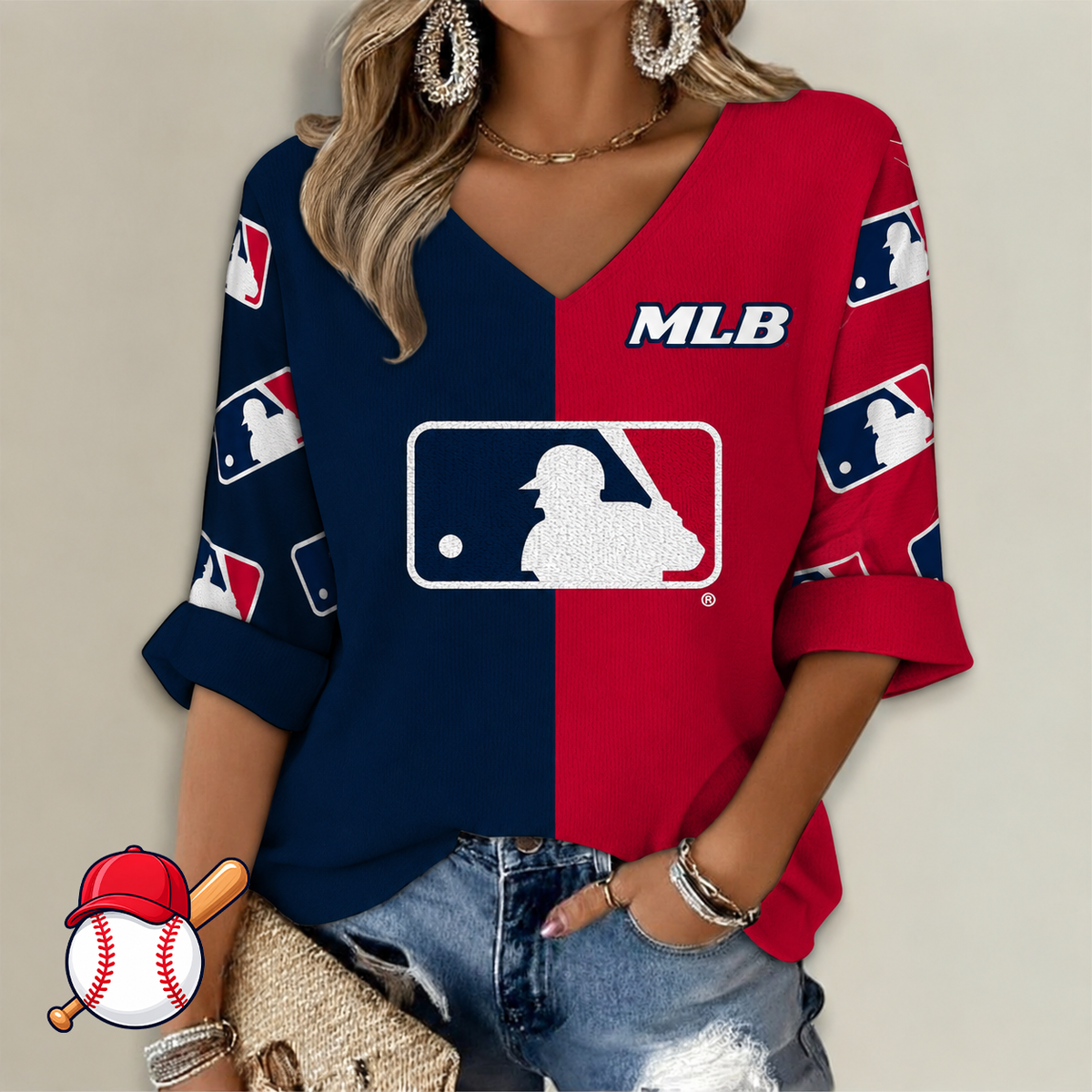 FINAL SALE - NEW CUSTOMIZED MLB31 MAJOR LEAGUE BASEBALL WOMEN'S V-NECK LONG SLEEVE SHIRT