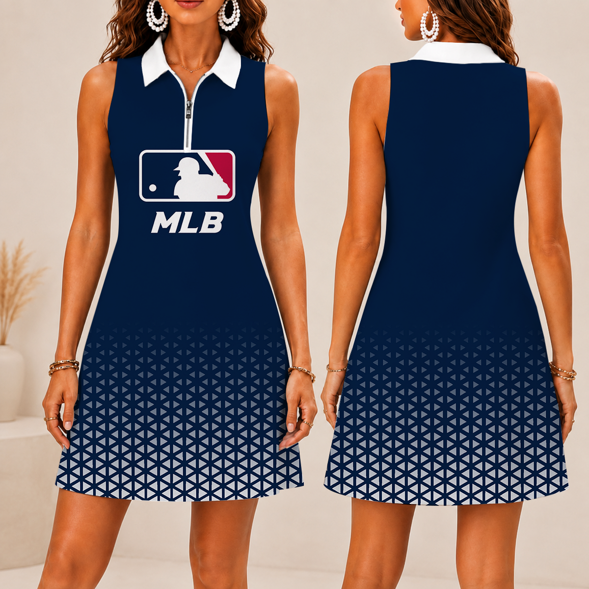 FINAL SALE - NEW CUSTOMIZED MLB31 MAJOR LEAGUE BASEBALL WOMEN'S ZIP SLEEVELESS POLO DRESS
