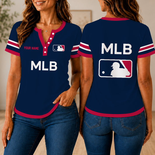 VIRAL EDITION - NEW CUSTOMIZED MLB31 MAJOR LEAGUE BASEBALL WOMEN'S SHORT SLEEVE HENLEY T-SHIRT