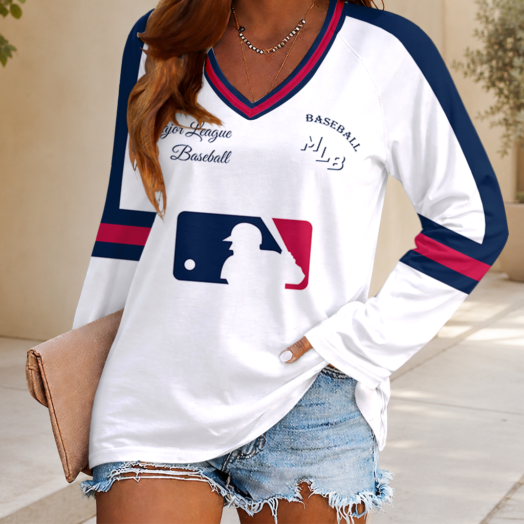 FINAL SALE - NEW CUSTOMIZED MLB31 MAJOR LEAGUE BASEBALL WOMEN'S V-NECK LONG SLEEVED SHIRT