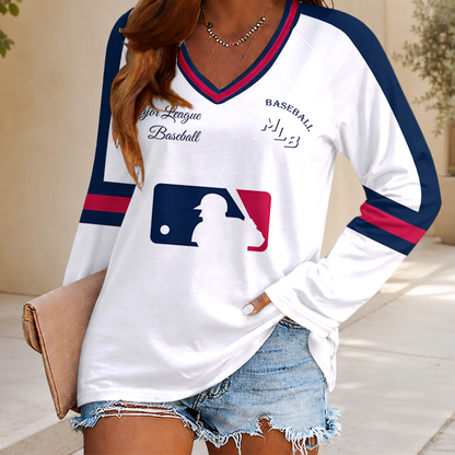 FINAL SALE - NEW CUSTOMIZED MLB31 MAJOR LEAGUE BASEBALL WOMEN'S V-NECK LONG SLEEVED SHIRT