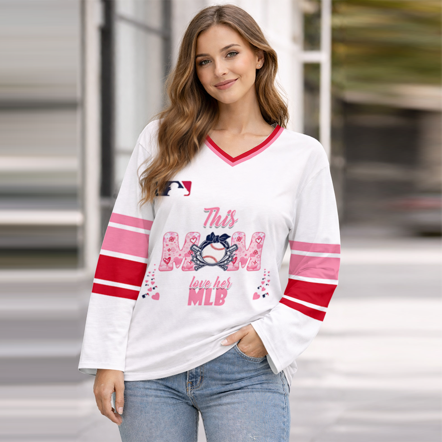 FINAL SALE - NEW CUSTOMIZED MLB31 MAJOR LEAGUE BASEBALL WOMEN'S HEART V-NECK LONG SLEEVE SHIRT