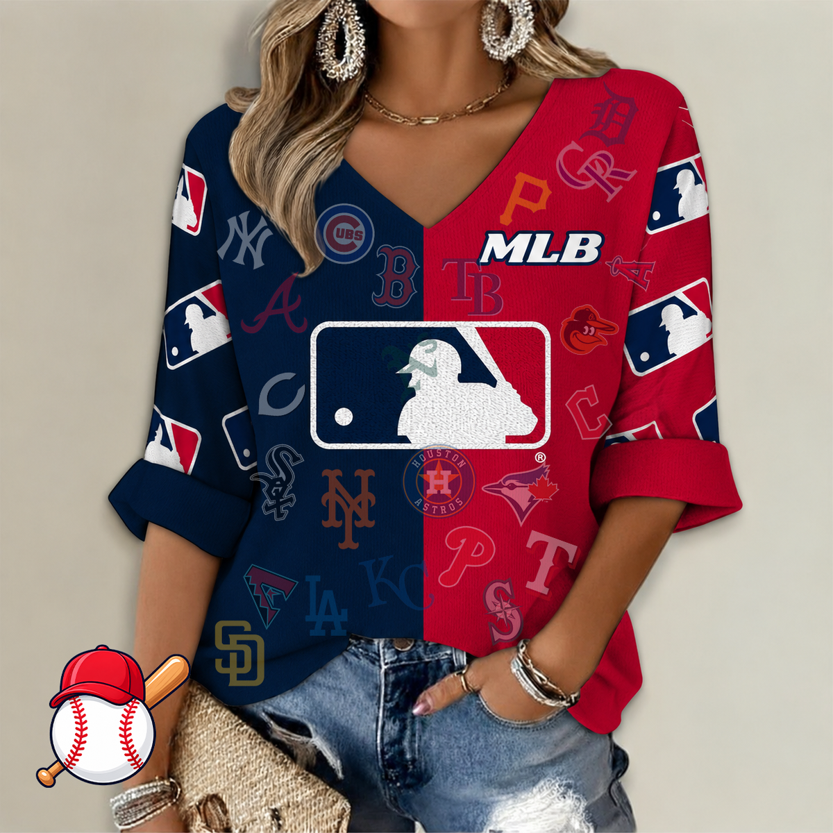 FINAL SALE - NEW CUSTOMIZED MLB32 ALL TEAMS WOMEN'S V-NECK LONG SLEEVE SHIRT