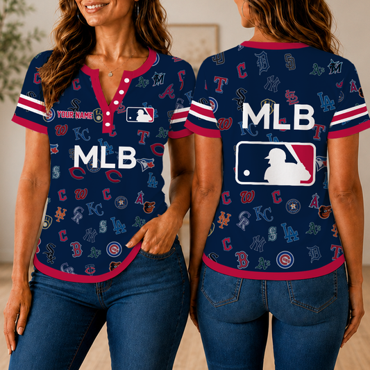 VIRAL EDITION - NEW CUSTOMIZED MLB32 MLB ALL TEAMS WOMEN'S SHORT SLEEVE HENLEY T-SHIRT
