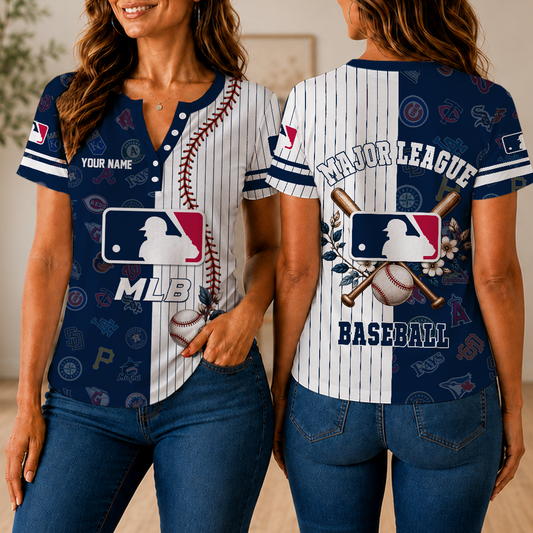LIMITED EDITION - NEW CUSTOMIZED MLB32 MLB ALL TEAMS WOMEN'S SHORT SLEEVE HENLEY T-SHIRT