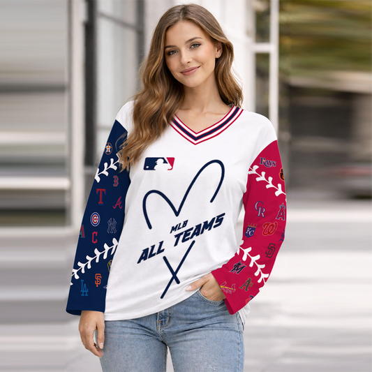 LIMITED EDITION - NEW CUSTOMIZED MLB32 MLB ALL TEAMS WOMEN'S HEART V-NECK LONG SLEEVE SHIRT