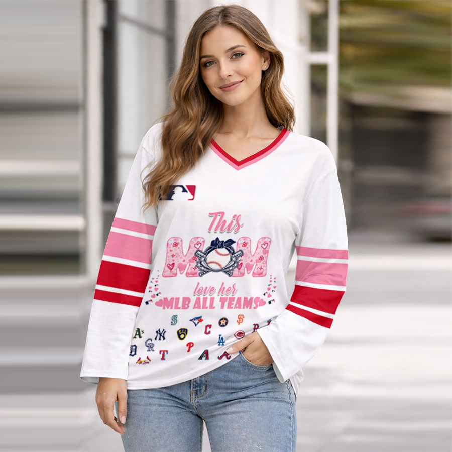 FINAL SALE - NEW CUSTOMIZED MLB32 MLB ALL TEAMS WOMEN'S HEART V-NECK LONG SLEEVE SHIRT