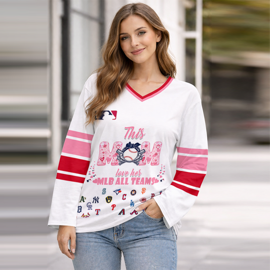 FINAL SALE - NEW CUSTOMIZED MLB32 MLB ALL TEAMS WOMEN'S HEART V-NECK LONG SLEEVE SHIRT