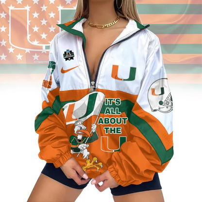 LIMITED EDITION - NEW CUSTOMIZED NCAA COLLEGE WORLD SERIES 04 MIAMI HURRICANES V-NECK ZIPPER SWEATSHIRT JACKET