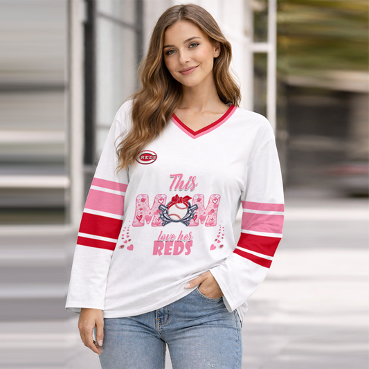 FINAL SALE - NEW CUSTOMIZED MLB05 CRS CINCINNATI REDS WOMEN'S HEART V-NECK LONG SLEEVE SHIRT