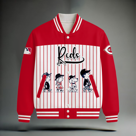 HOT DEAL - NEW CUSTOMIZED MLB05 CRS CINCINNATI REDS SNOOPY STYLE SATIN VARSITY & BASEBALL JACKET