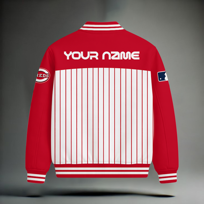 HOT DEAL - NEW CUSTOMIZED MLB05 CRS CINCINNATI REDS SNOOPY STYLE SATIN VARSITY & BASEBALL JACKET