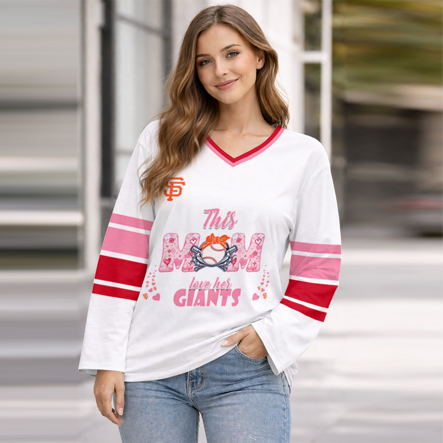 FINAL SALE - NEW CUSTOMIZED MLB06 SFG SAN FRANCISCO GIANTS WOMEN'S HEART V-NECK LONG SLEEVE SHIRT